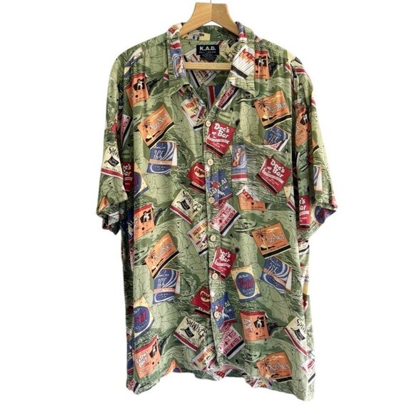 Vintage K.A.D. Men's Sz XL Green Button Up Camp Hawaiian Bowling Print Shirt - Picture 1 of 11